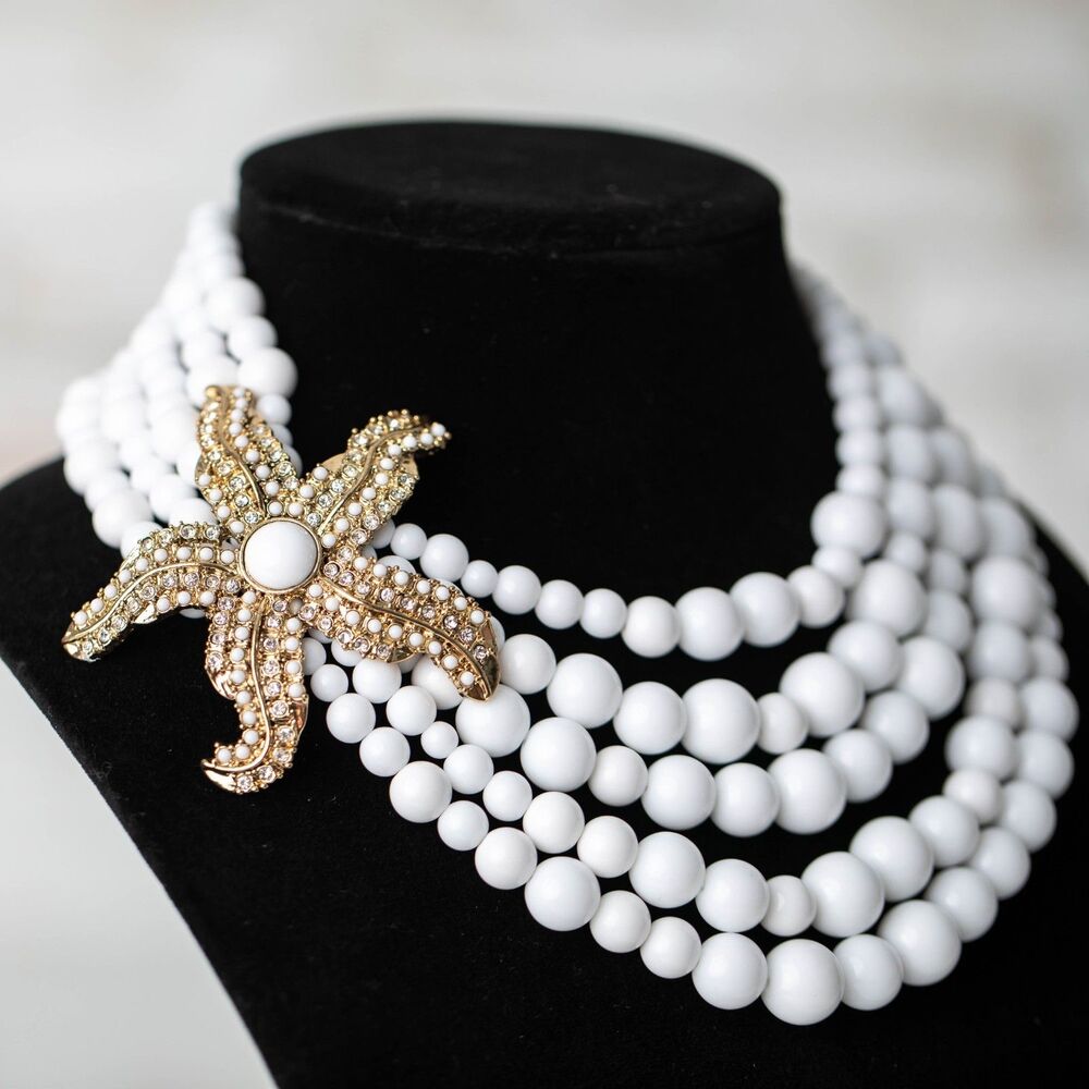 White Beaded Statement Bib Style Necklace Starfish Rhinestone Coastal Beach
